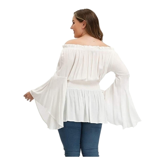 Hanna Nikole Women's Plus Size  Blouse Off Shoulder Trumpet Sleeve Peasant Top - Picture 1 of 4